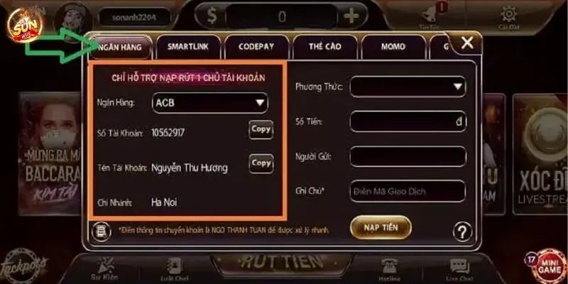 Nạp tiền Sunwin bằng ngân hàng